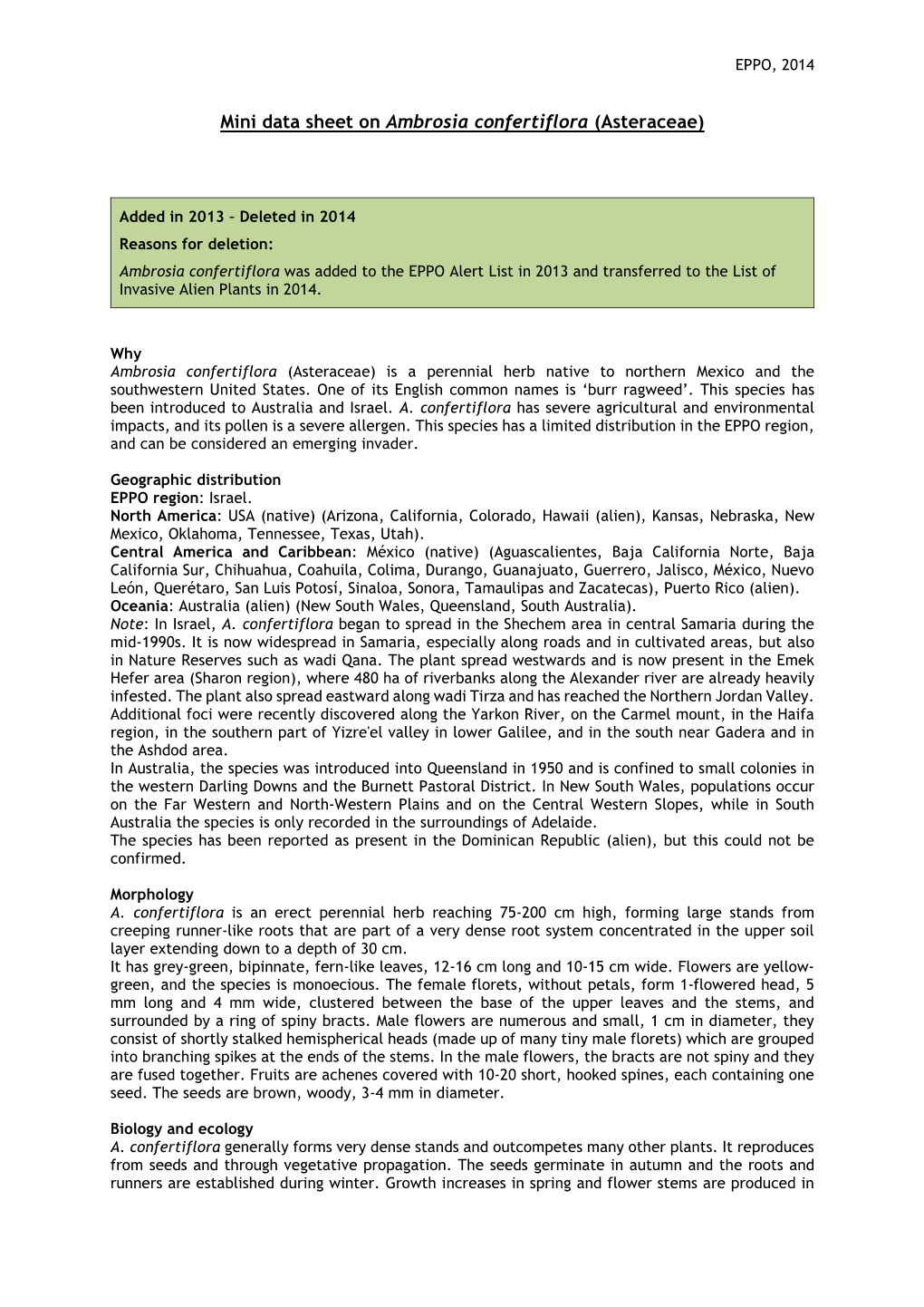 Mini Data Sheet on Ambrosia Confertiflora (Asteraceae)