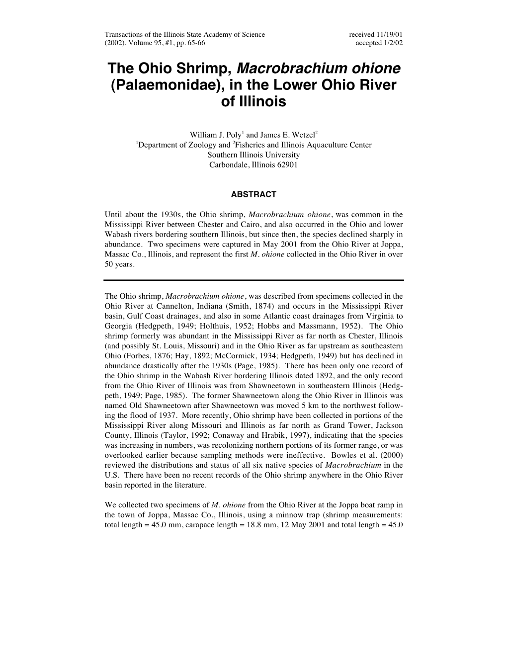 The Ohio Shrimp, Macrobrachium Ohione (Palaemonidae), in the Lower Ohio River of Illinois