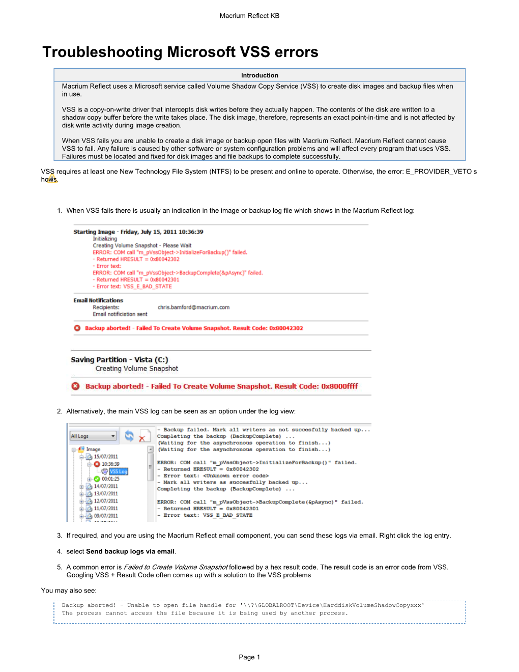 Troubleshooting Microsoft VSS Errors