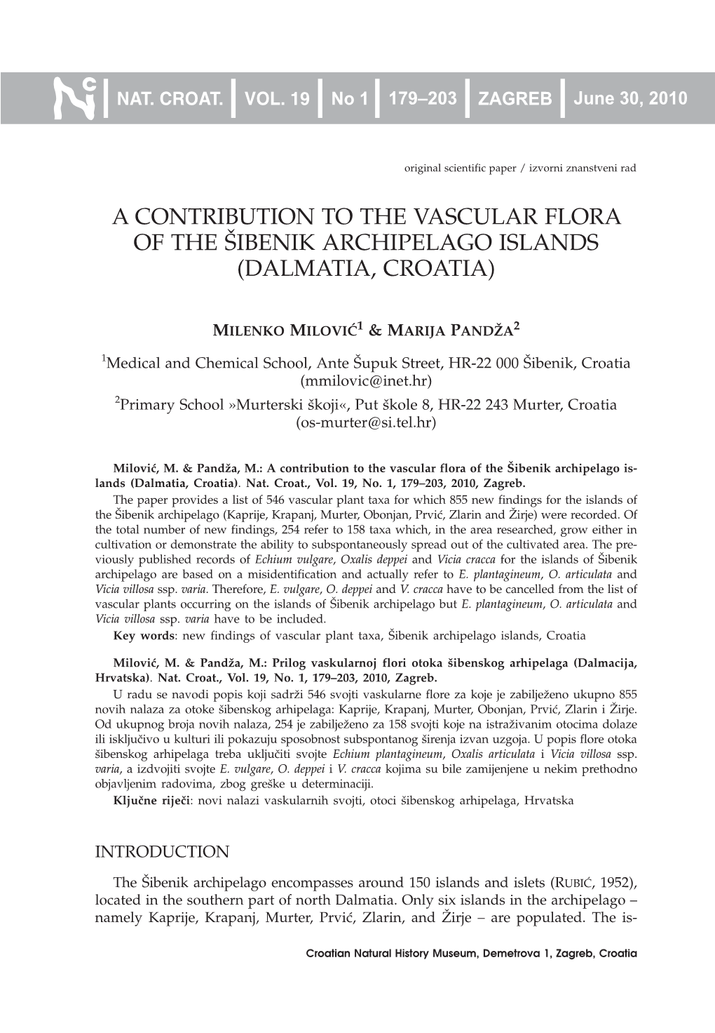 A Contribution to the Vascular Flora of the [Ibenik Archipelago Islands (Dalmatia, Croatia)