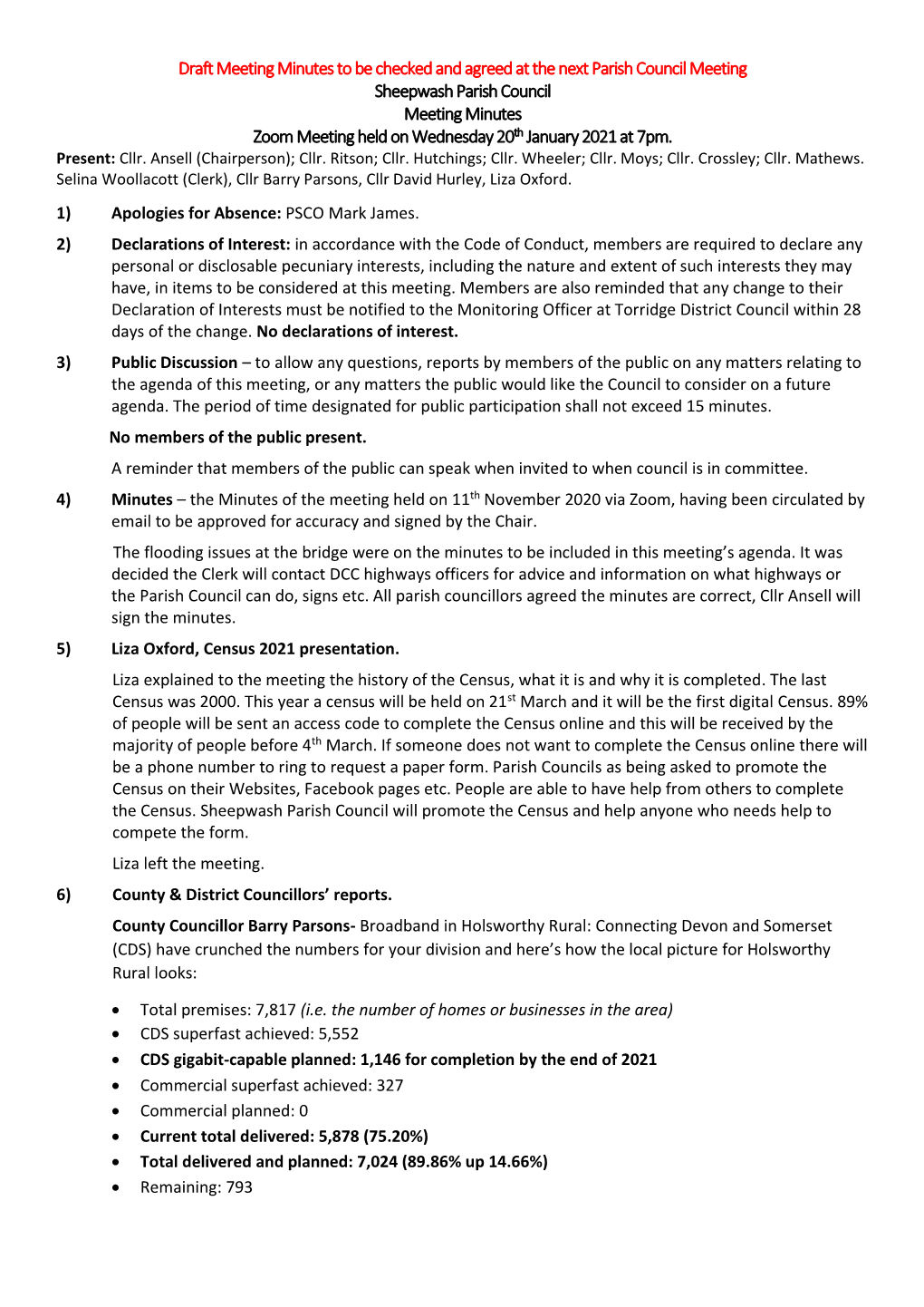 Minutes to Be Checked and Agreed at the Next Parish Council Meeting Sheepwash Parish Council Meeting Minutes Zoom Meeting Held on Wednesday 20Th January 2021 at 7Pm