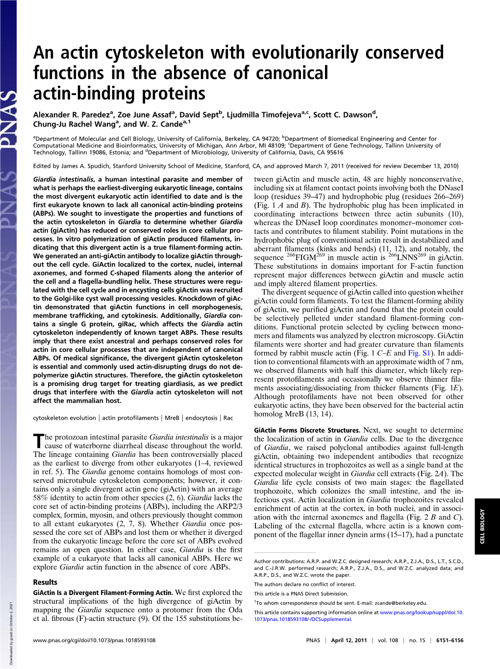 An Actin Cytoskeleton with Evolutionarily Conserved Functions in the Absence of Canonical Actin-Binding Proteins