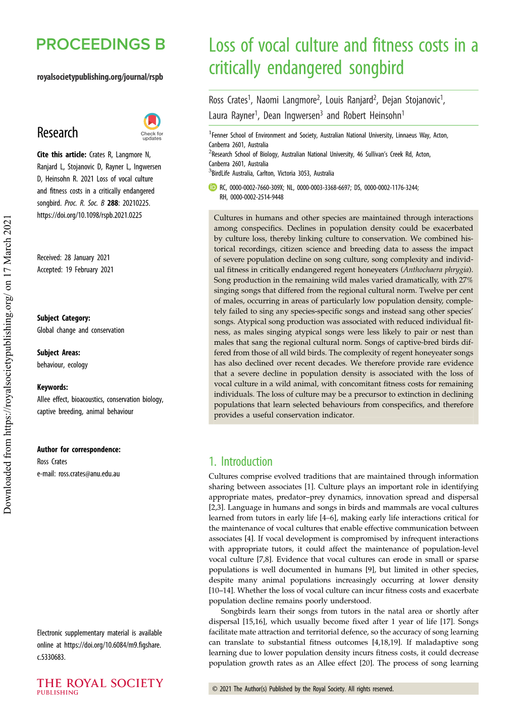 Loss of Vocal Culture and Fitness Costs in a Critically Endangered Songbird