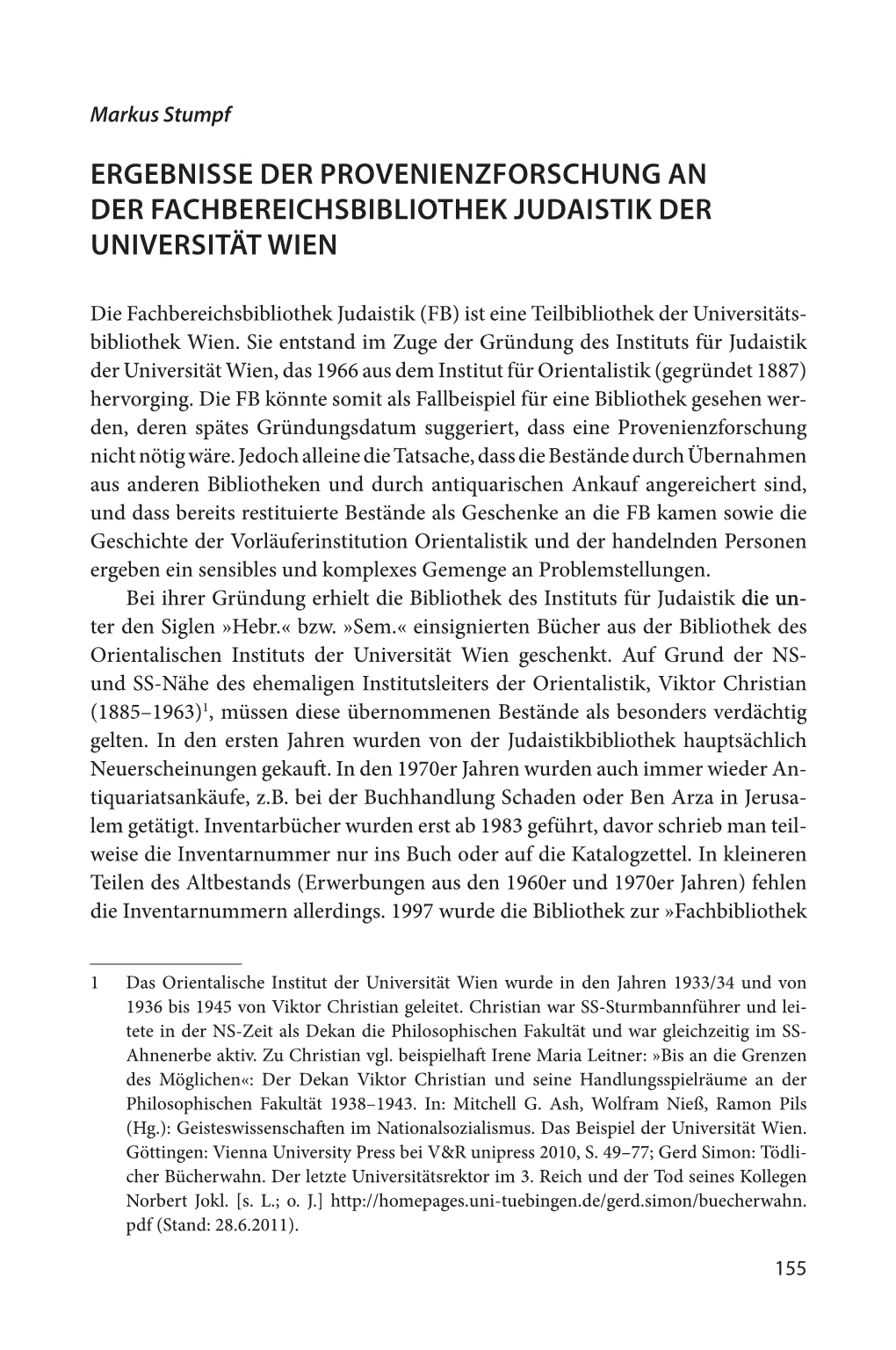 Ergebnisse Der Provenienzforschung an Der Fachbereichsbibliothek Judaistik Der Universität Wien