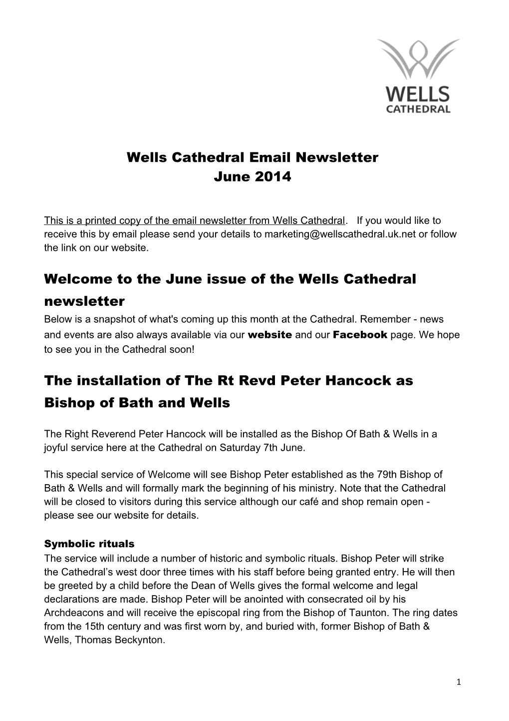 Wells Cathedral Email Newsletter