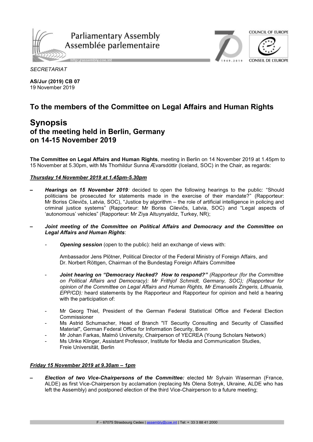 Synopsis of the Meeting Held in Berlin, Germany on 14-15 November 2019