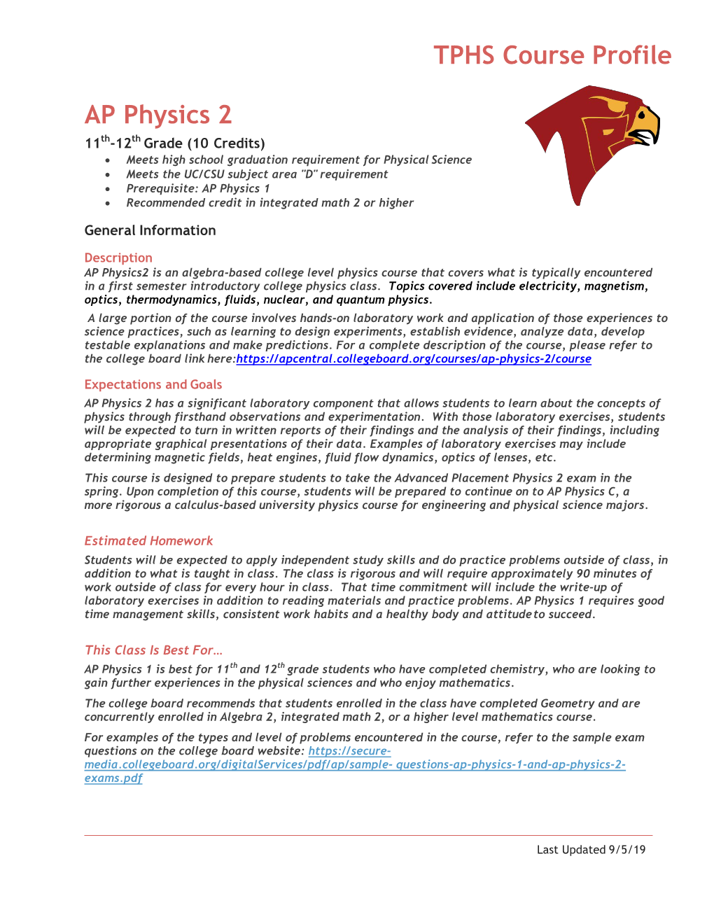 TPHS Course Profile AP Physics 2