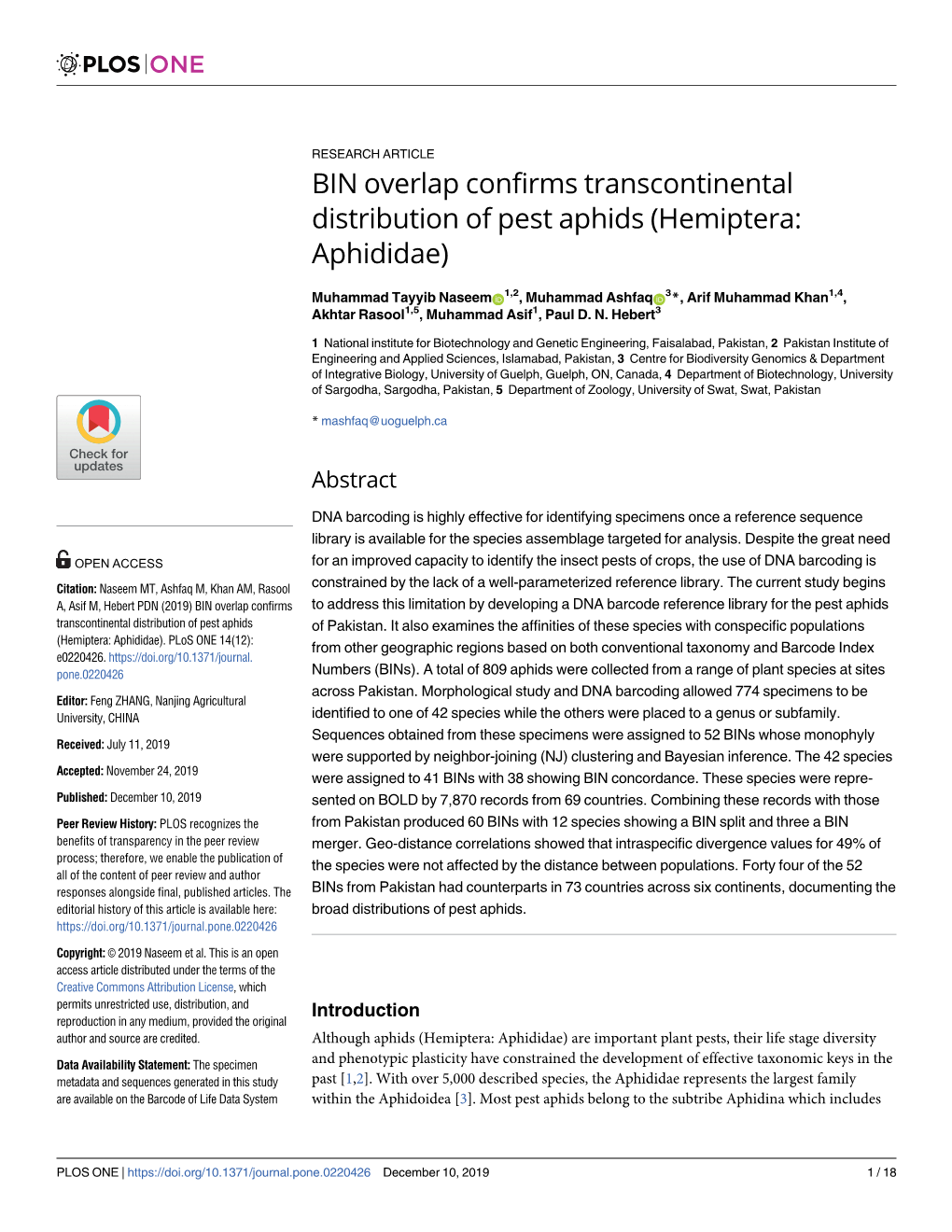 BIN Overlap Confirms Transcontinental Distribution of Pest Aphids (Hemiptera: Aphididae)