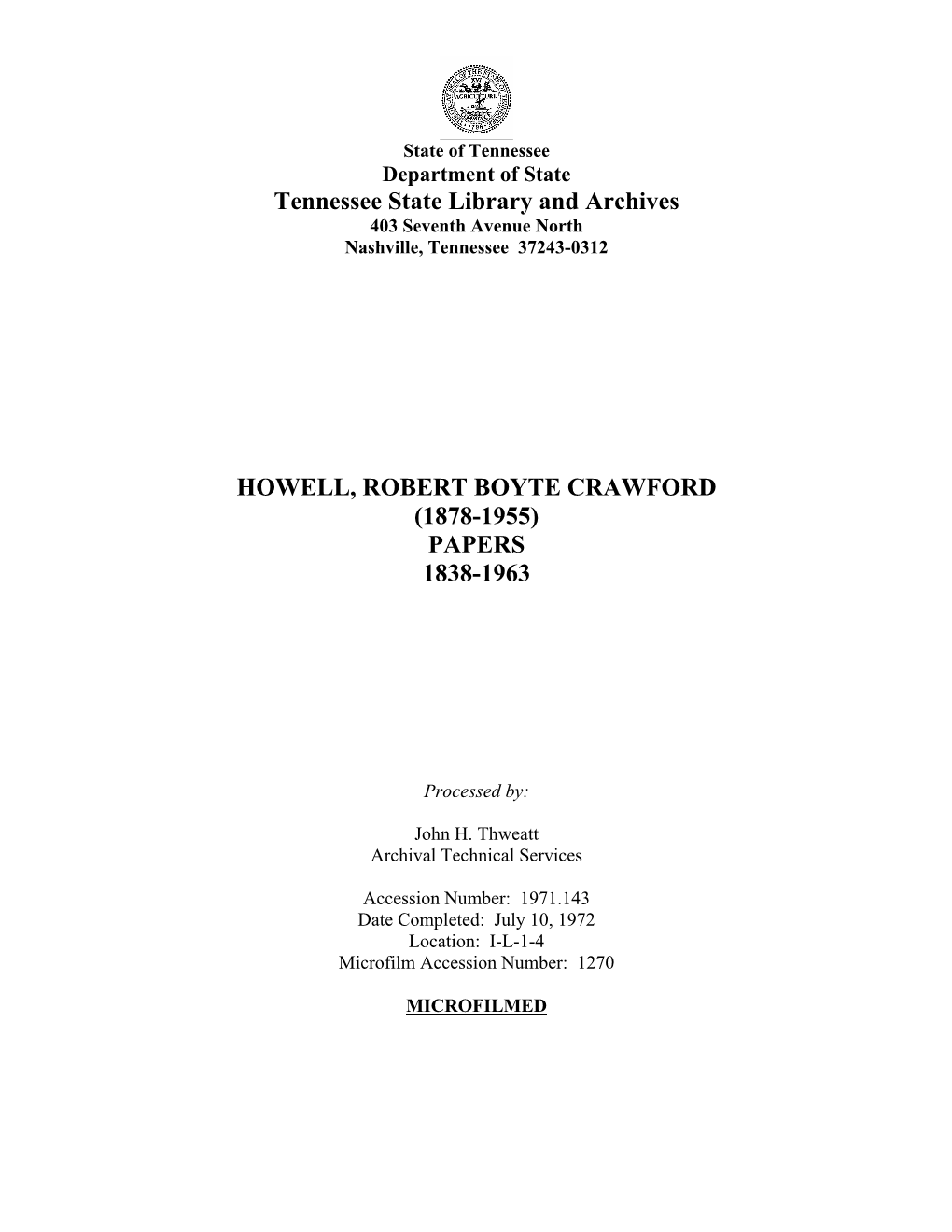 Robert Boyte Crawford Howell Papers, 1838-1963