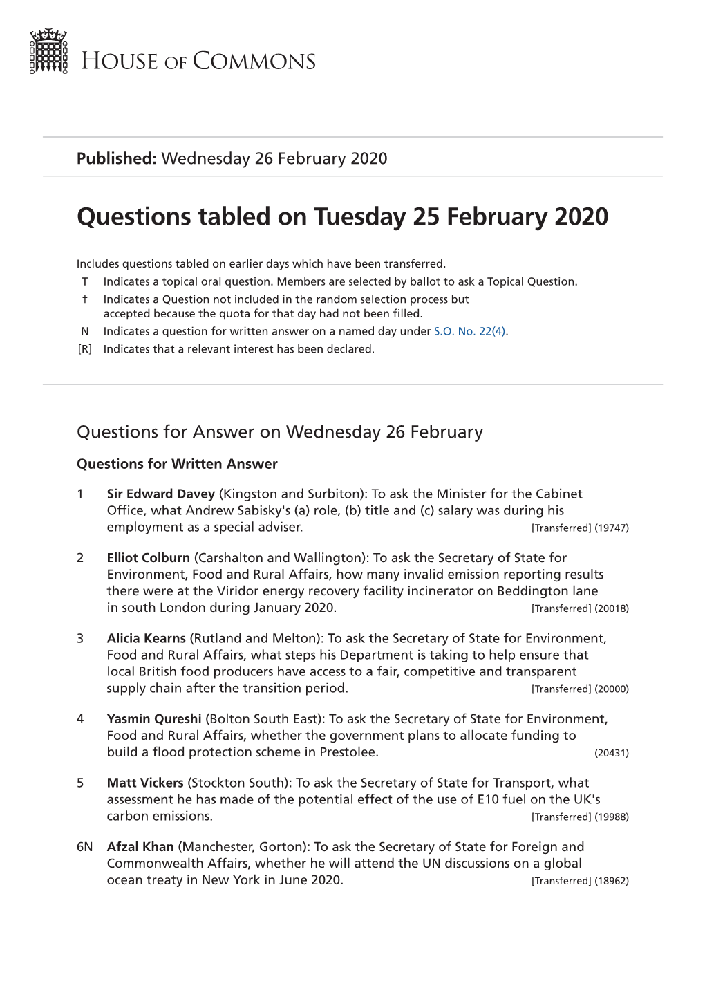 Questions Tabled on Tue 25 Feb 2020