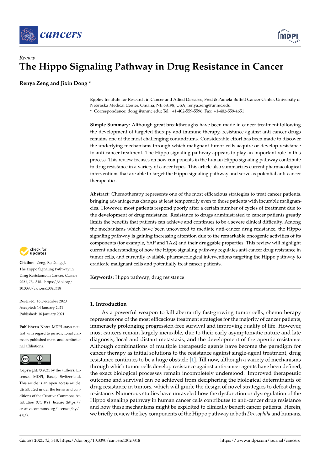 The Hippo Signaling Pathway in Drug Resistance in Cancer