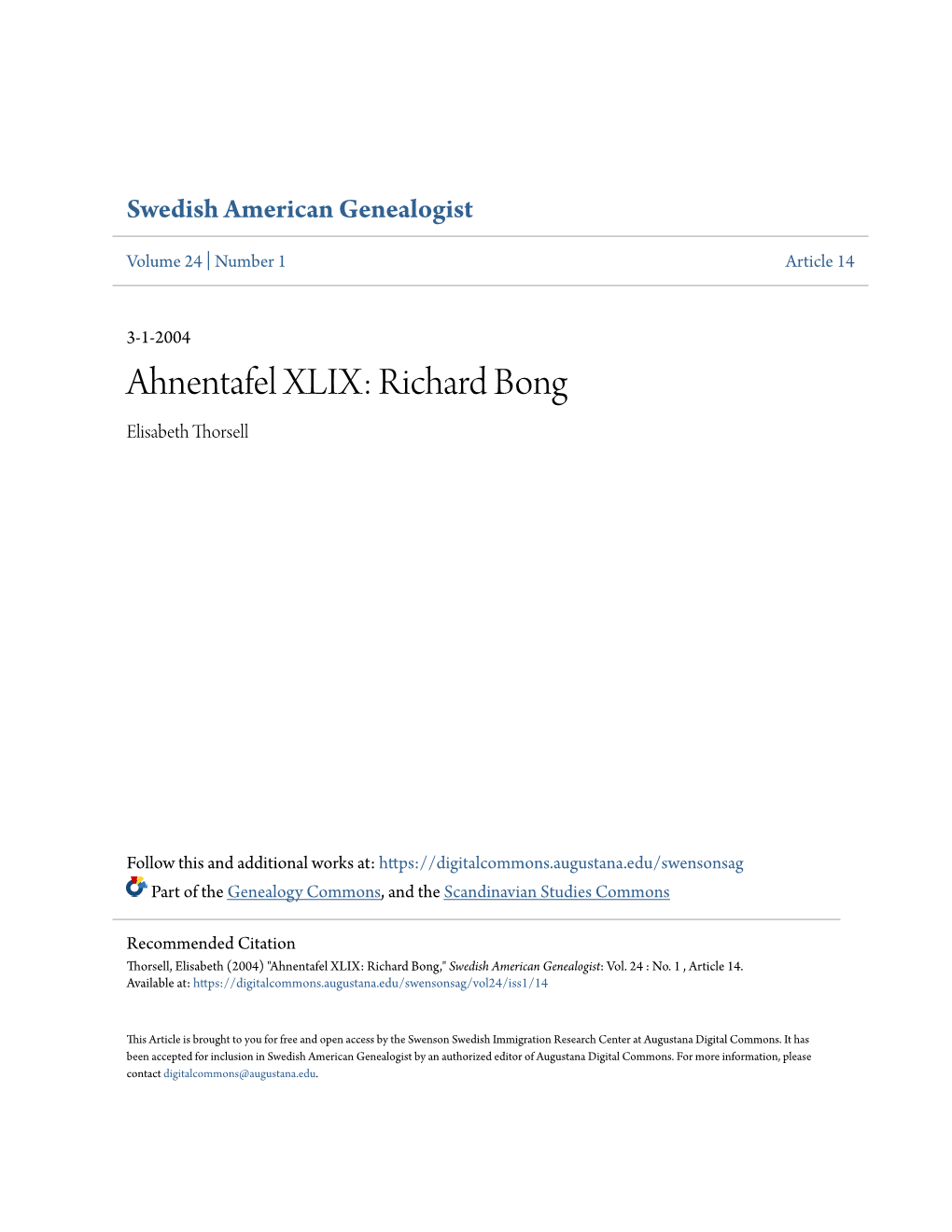 Ahnentafel XLIX: Richard Bong Elisabeth Thorsell