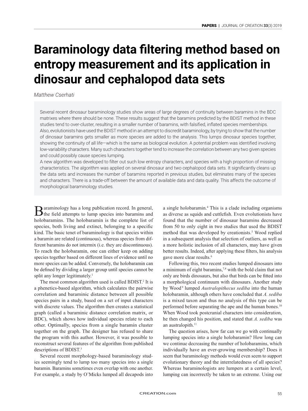 Baraminology Data Filtering Method Based on Entropy Measurement and Its Application in Dinosaur and Cephalopod Data Sets