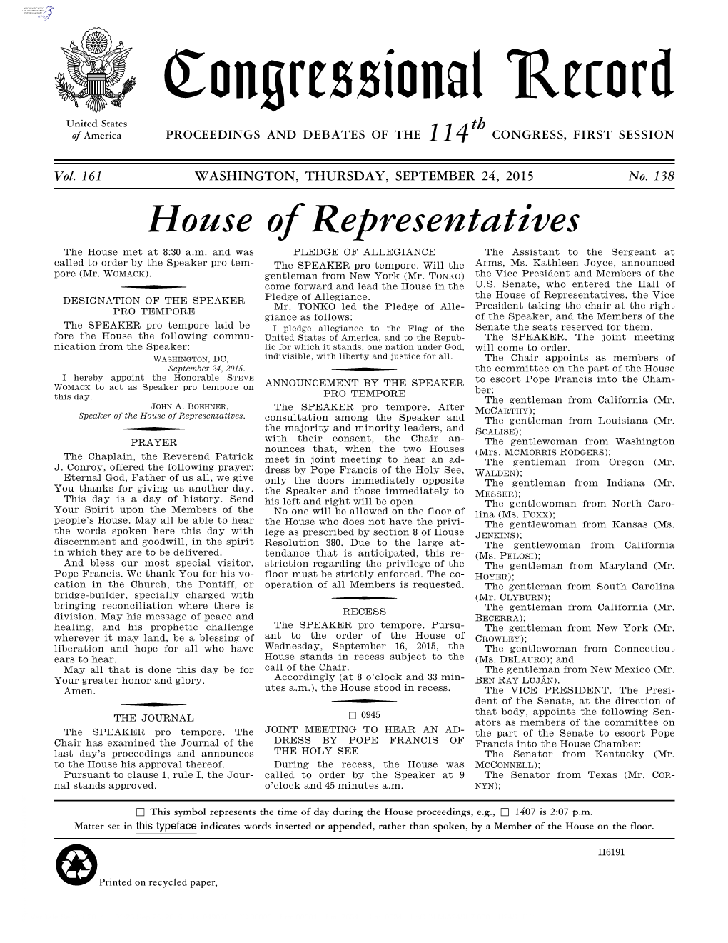 Congressional Record United States Th of America PROCEEDINGS and DEBATES of the 114 CONGRESS, FIRST SESSION