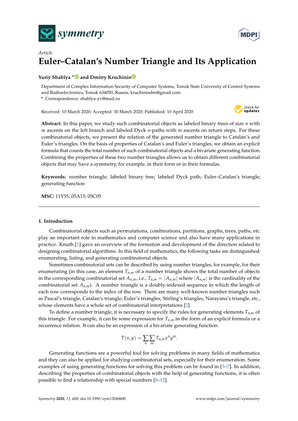 Euler–Catalan's Number Triangle and Its Application