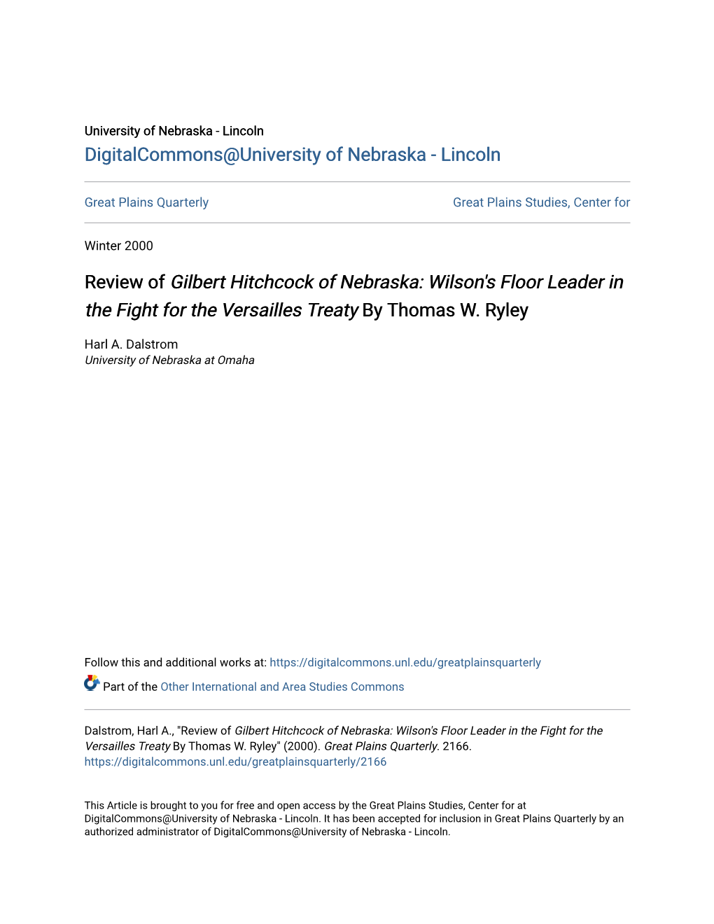 Review of Gilbert Hitchcock of Nebraska: Wilson's Floor Leader in the Fight for the Versailles Treaty by Thomas W