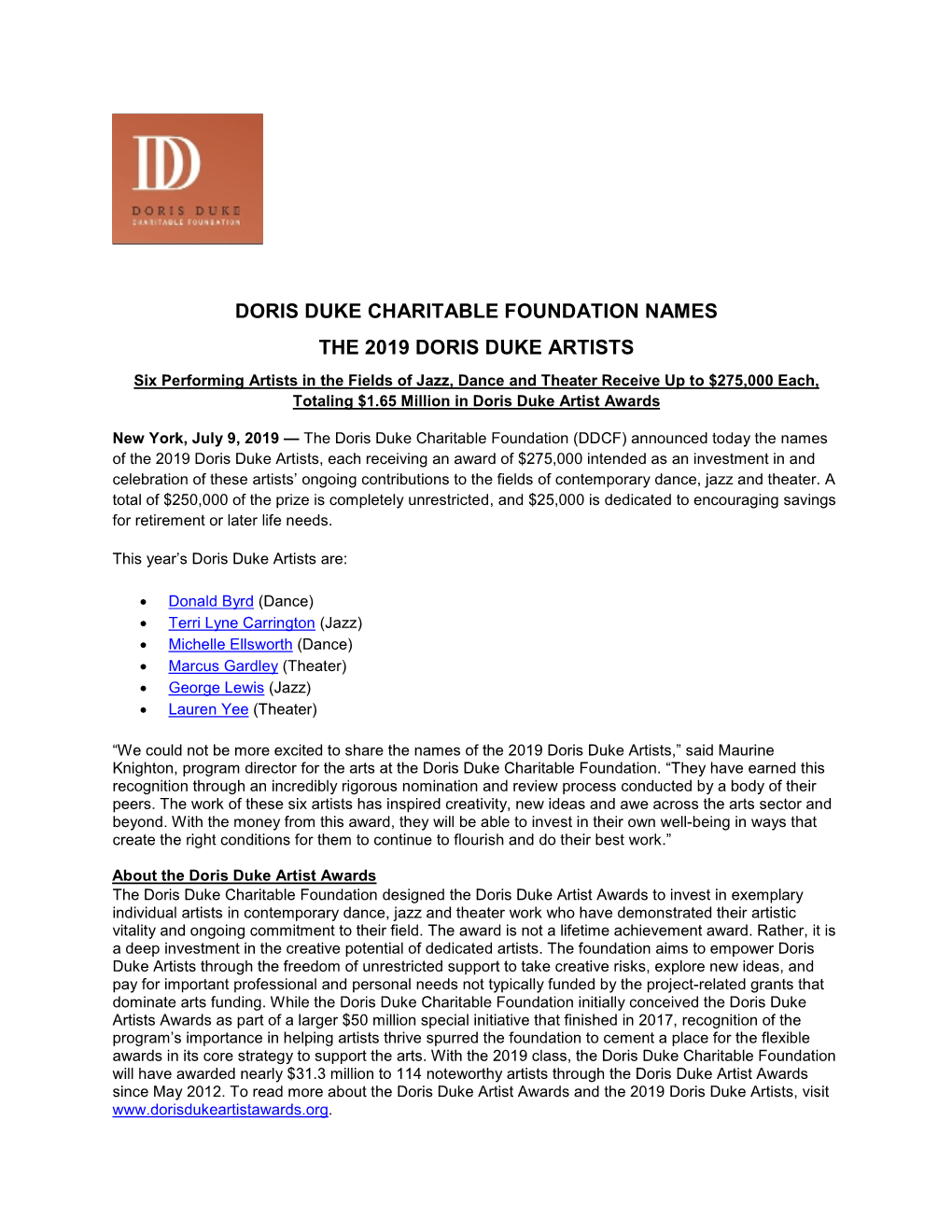 Doris Duke Charitable Foundation Names the 2019