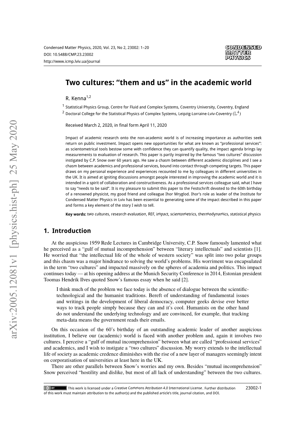 Arxiv:2005.12081V1 [Physics.Hist-Ph] 25 May 2020 Cultures