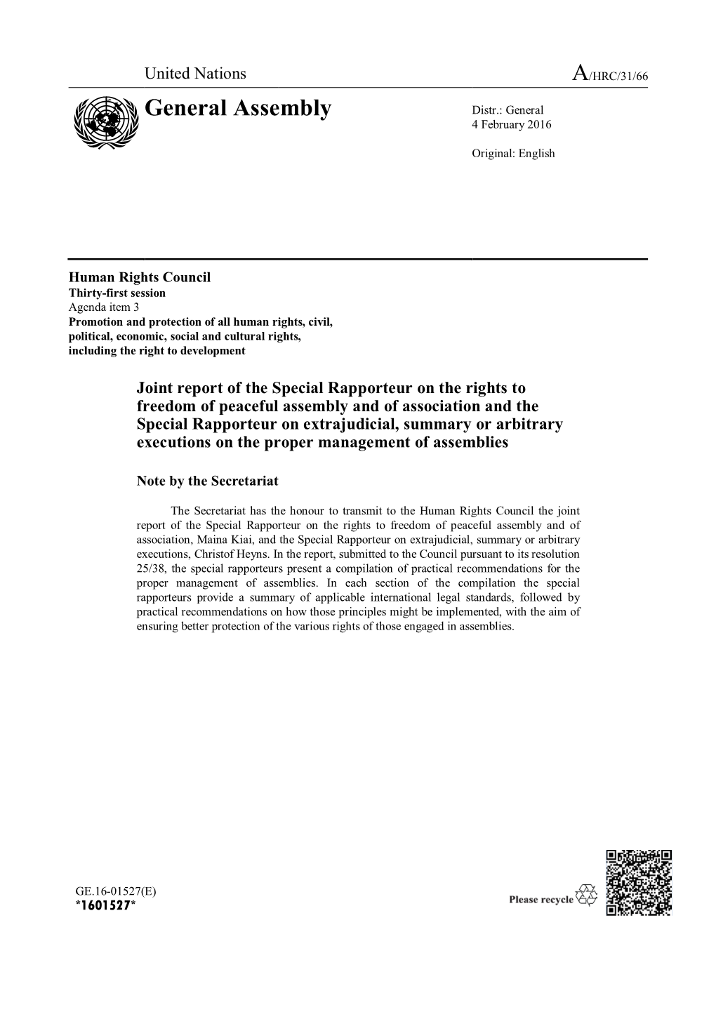 Joint Report of the Special Rapporteur on the Rights to Freedom of Peaceful