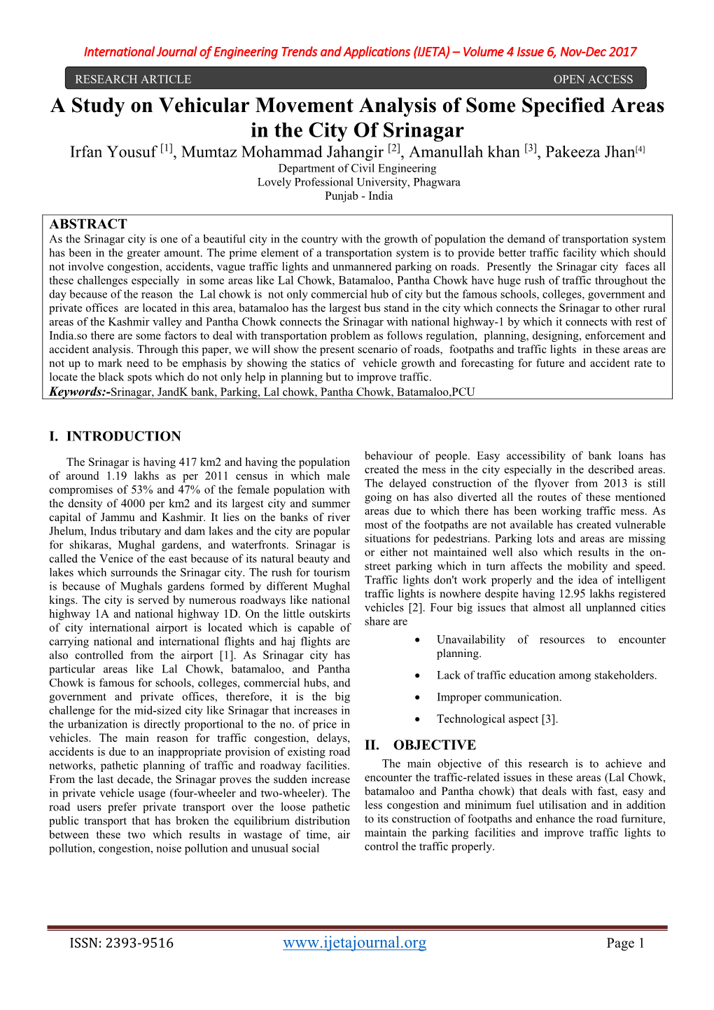 A Study on Vehicular Movement Analysis of Some Specified Areas in the City of Srinagar