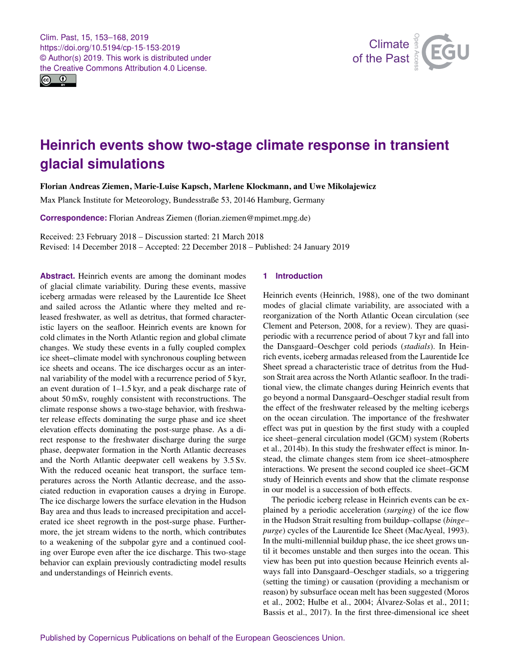 Heinrich Events Show Two-Stage Climate Response in Transient Glacial Simulations