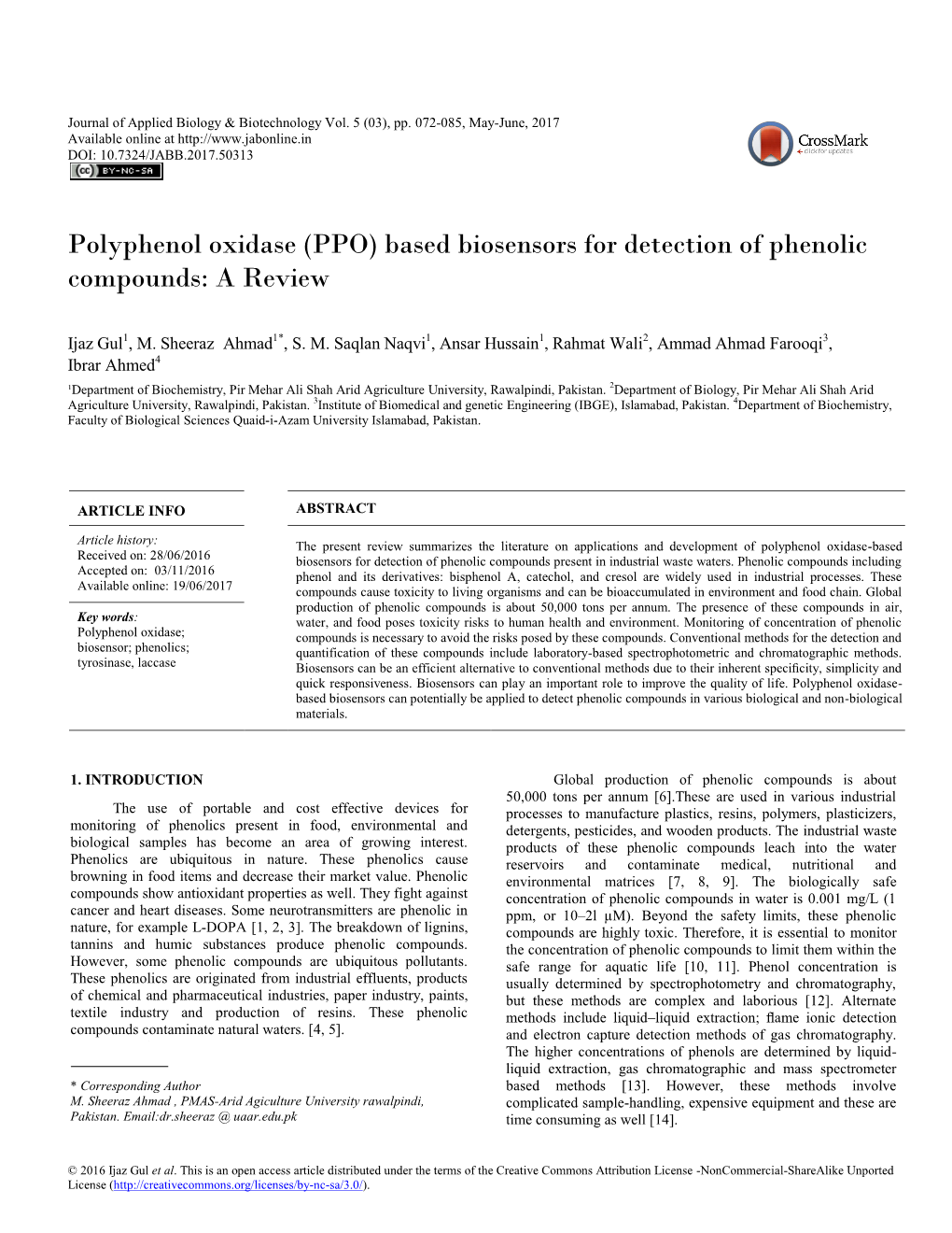 Polyphenol Oxidase (PPO) Based Biosensors for Detection of Phenolic Compounds: a Review