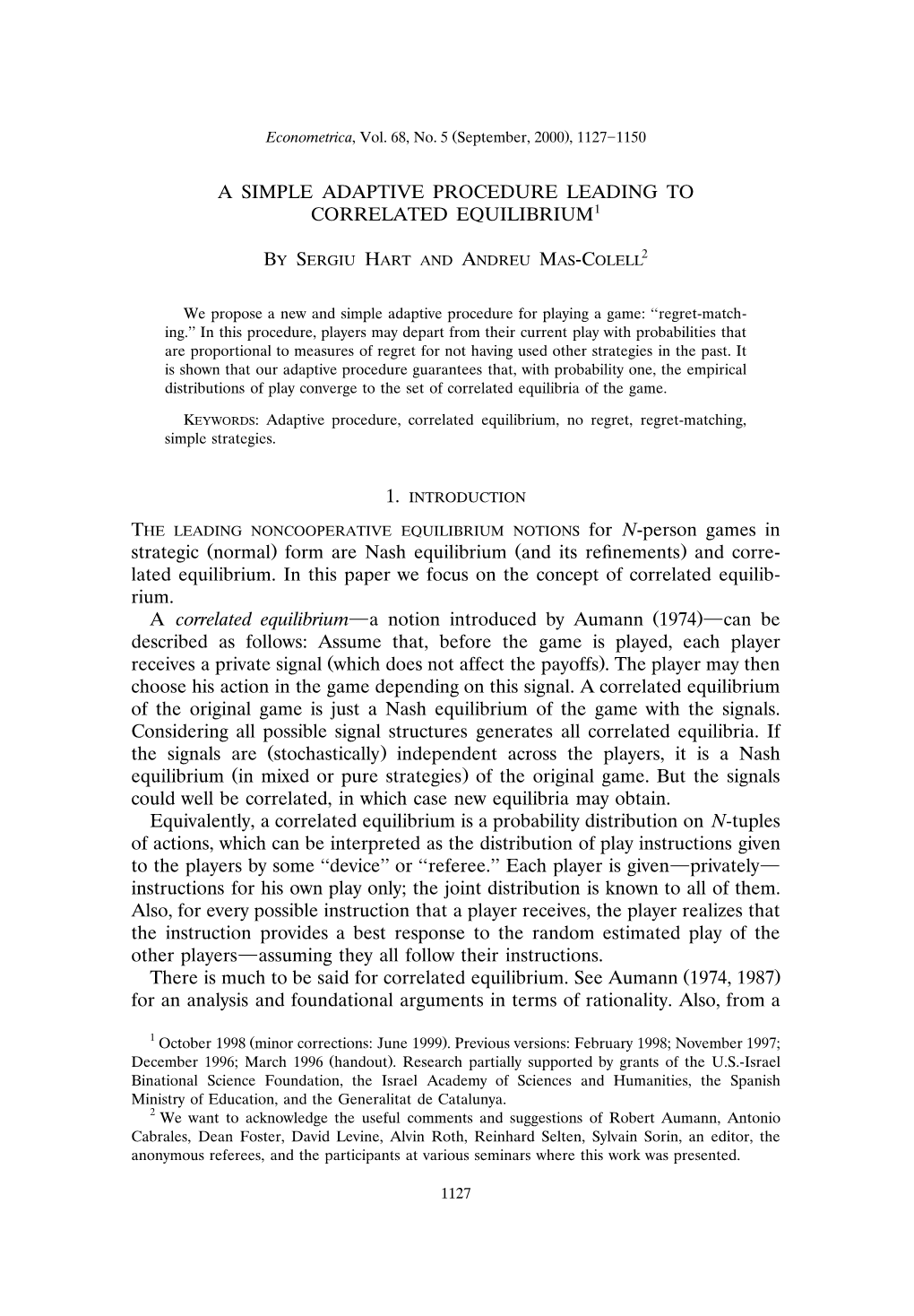 A Simple Adaptive Procedure Leading to Correlated Equilibrium1