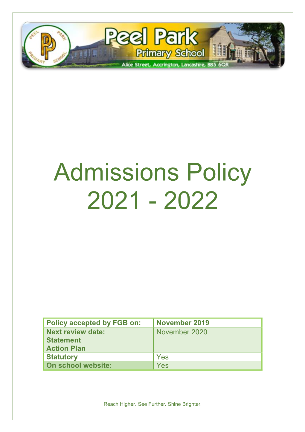 Admissions Policy 2021 - 2022