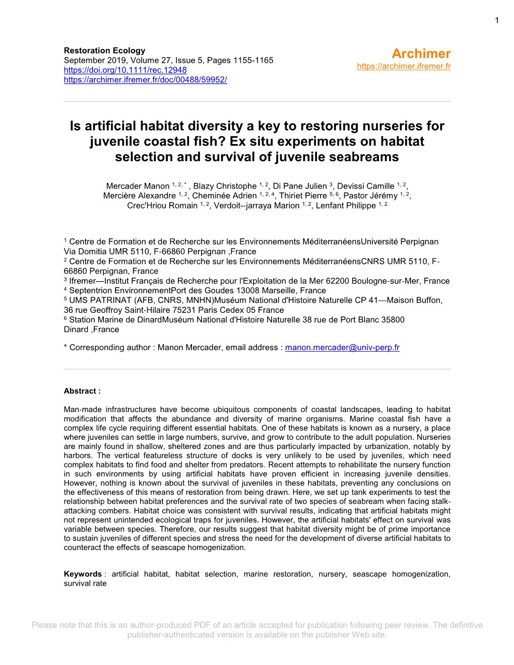 Is Artificial Habitat Diversity a Key to Restoring Nurseries for Juvenile Coastal Fish? Ex Situ Experiments on Habitat Selection and Survival of Juvenile Seabreams