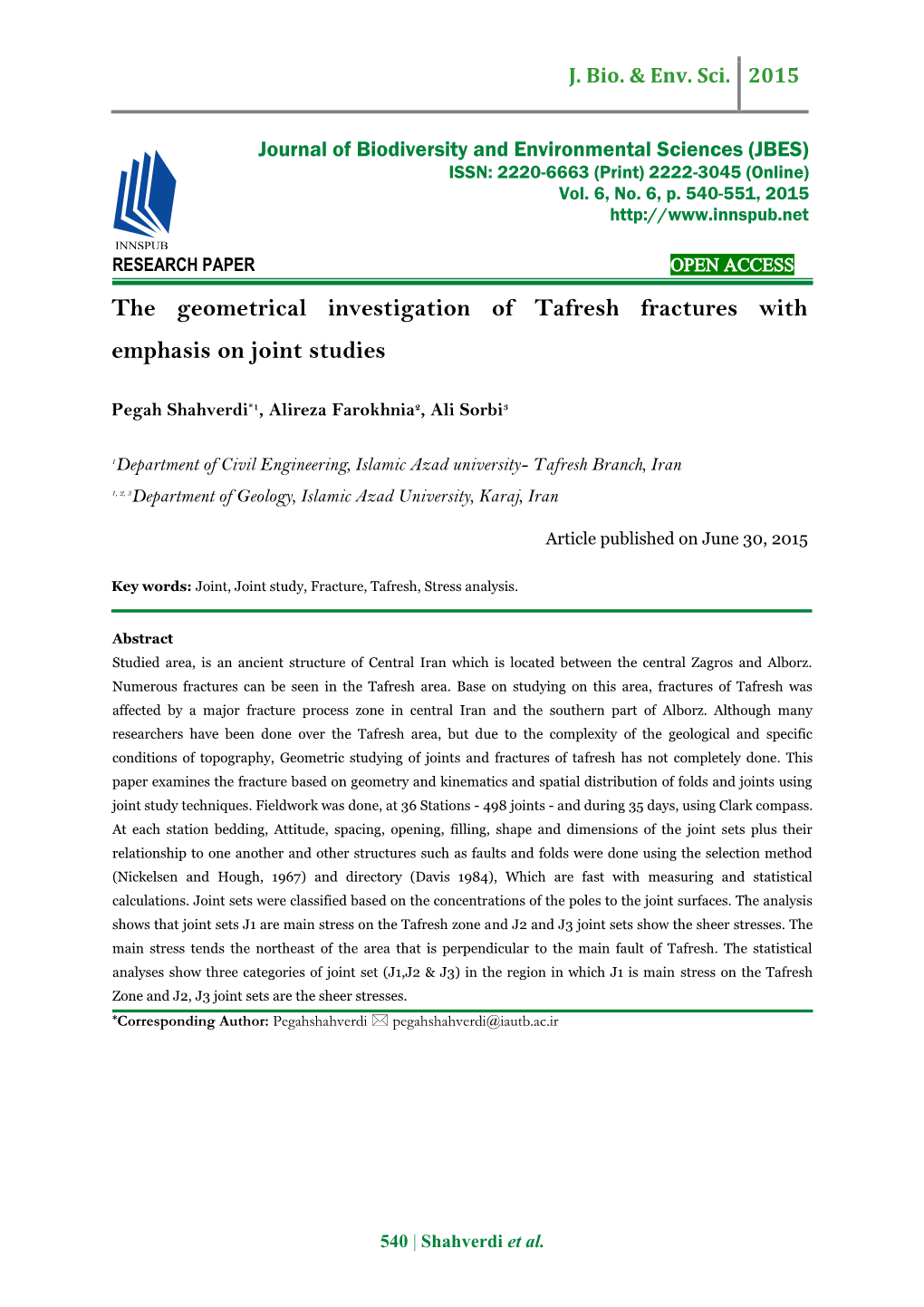 The Geometrical Investigation of Tafresh Fractures with Emphasis on Joint Studies