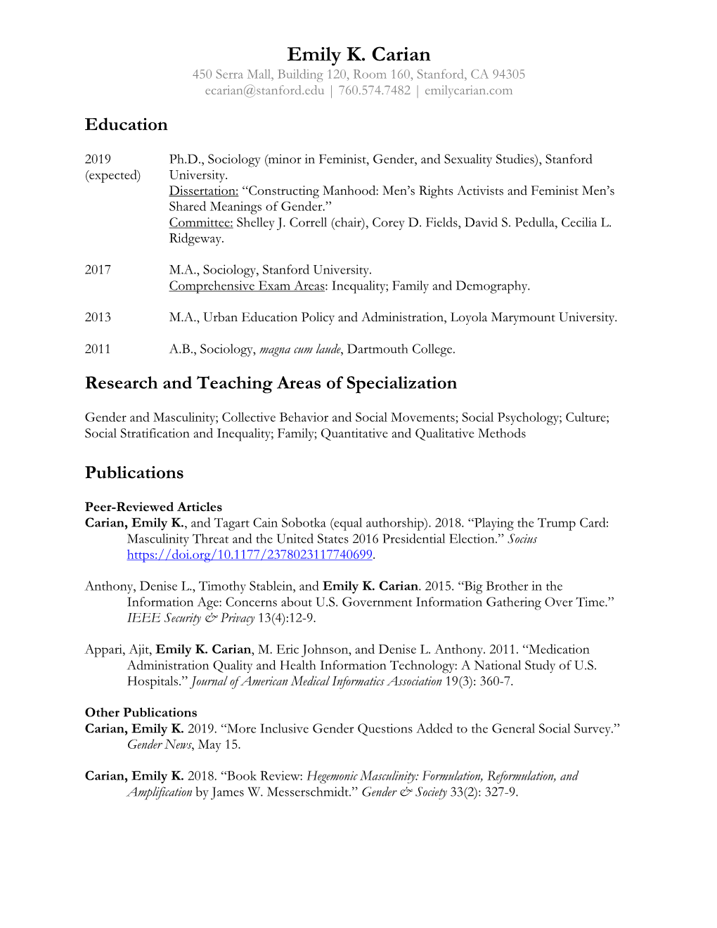 Research and Teaching Areas of Specialization