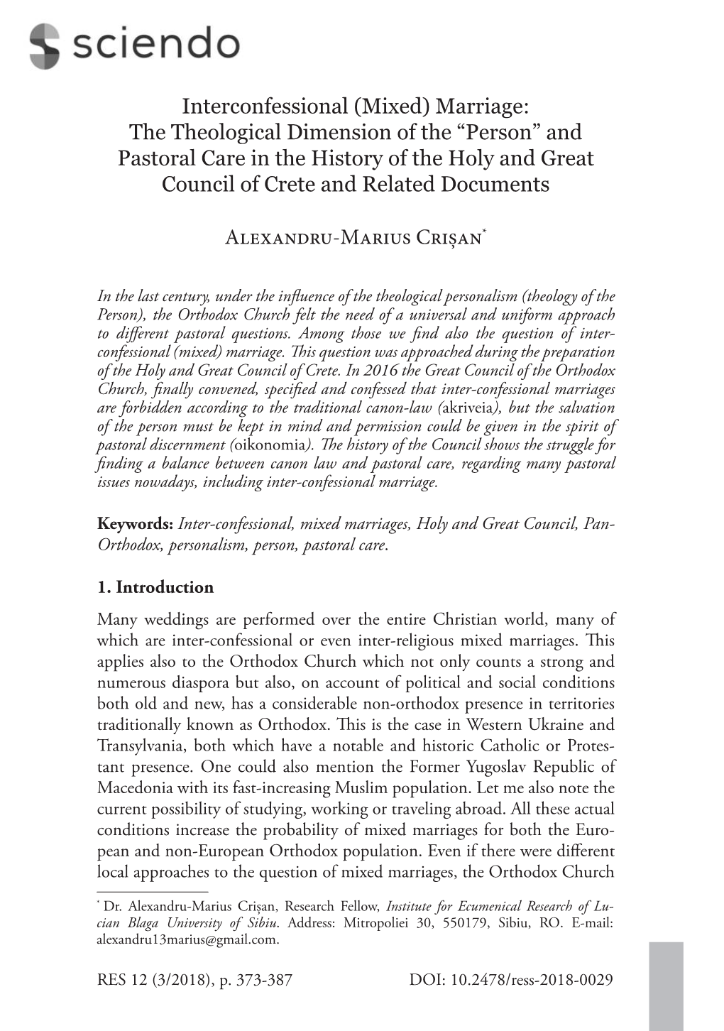 Marriage: the Theological Dimension of the “Person” and Pastoral Care in the History of the Holy and Great Council of Crete and Related Documents