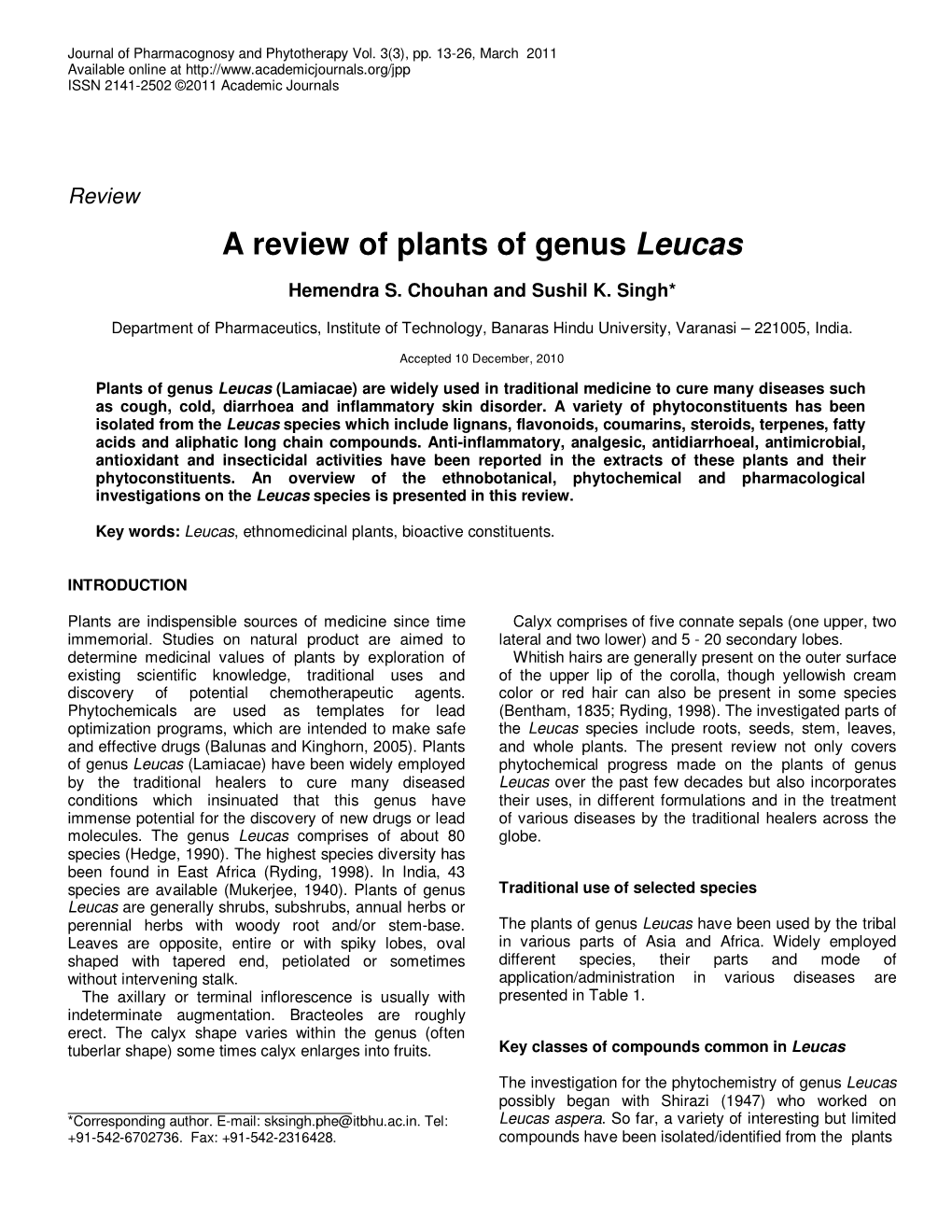 A Review of Plants of Genus Leucas