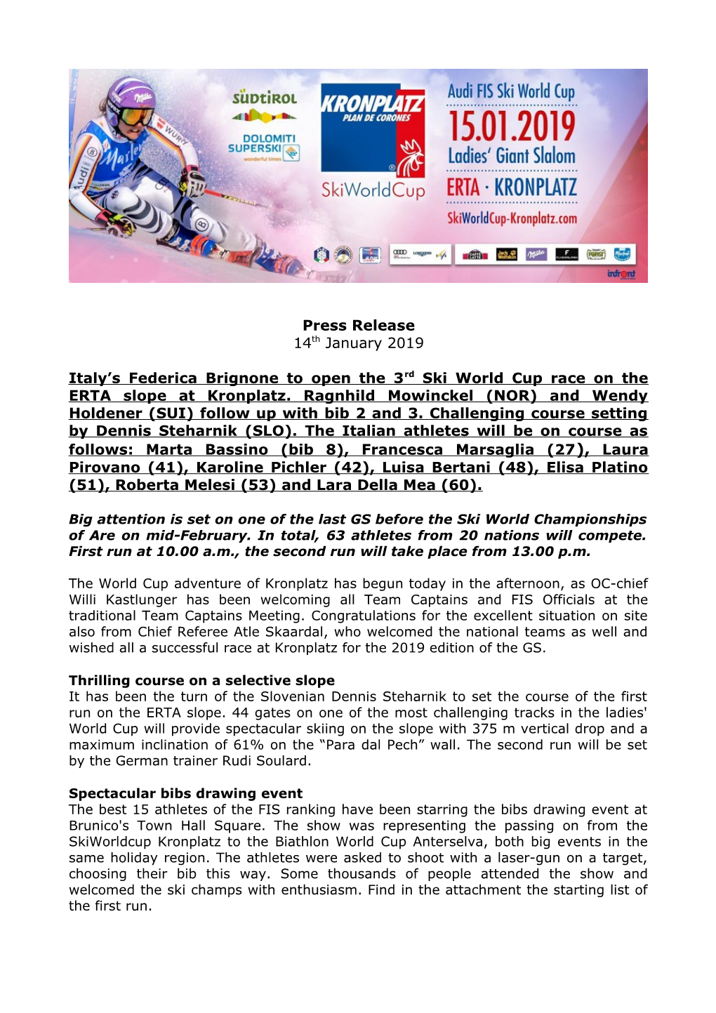 Press Release 14Th January 2019 Italy's Federica Brignone to Open