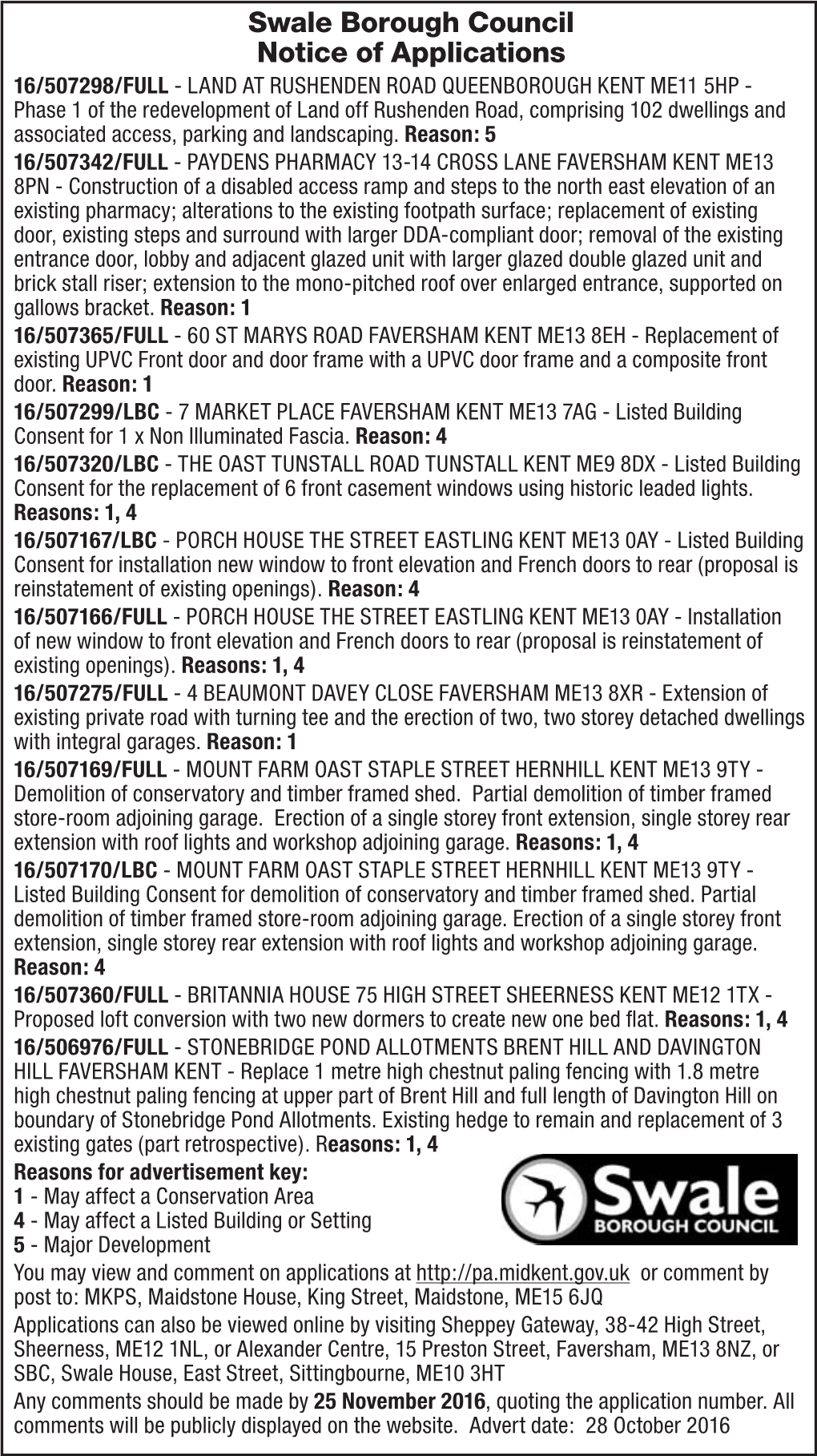 Swale Borough Council Notice of Applications