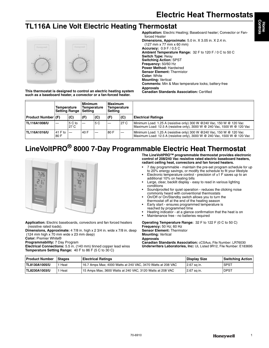 Line Volt Electric Heating Thermostat Application: Electric Heating; Baseboard Heater; Convector Or Fan- Forced Heater Dimensions, Approximate: 5.0 In