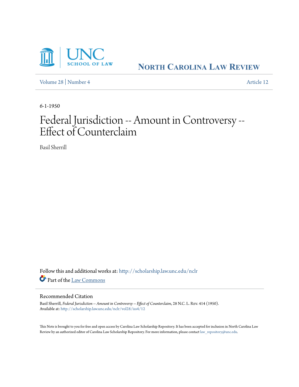 Federal Jurisdiction -- Amount in Controversy -- Effect of Counterclaim Basil Sherrill