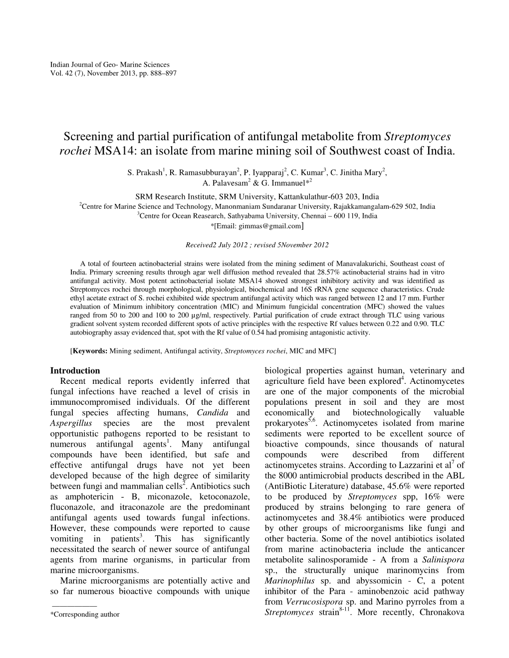 Screening and Partial Purification of Antifungal Metabolite from Streptomyces Rochei MSA14: an Isolate from Marine Mining Soil of Southwest Coast of India