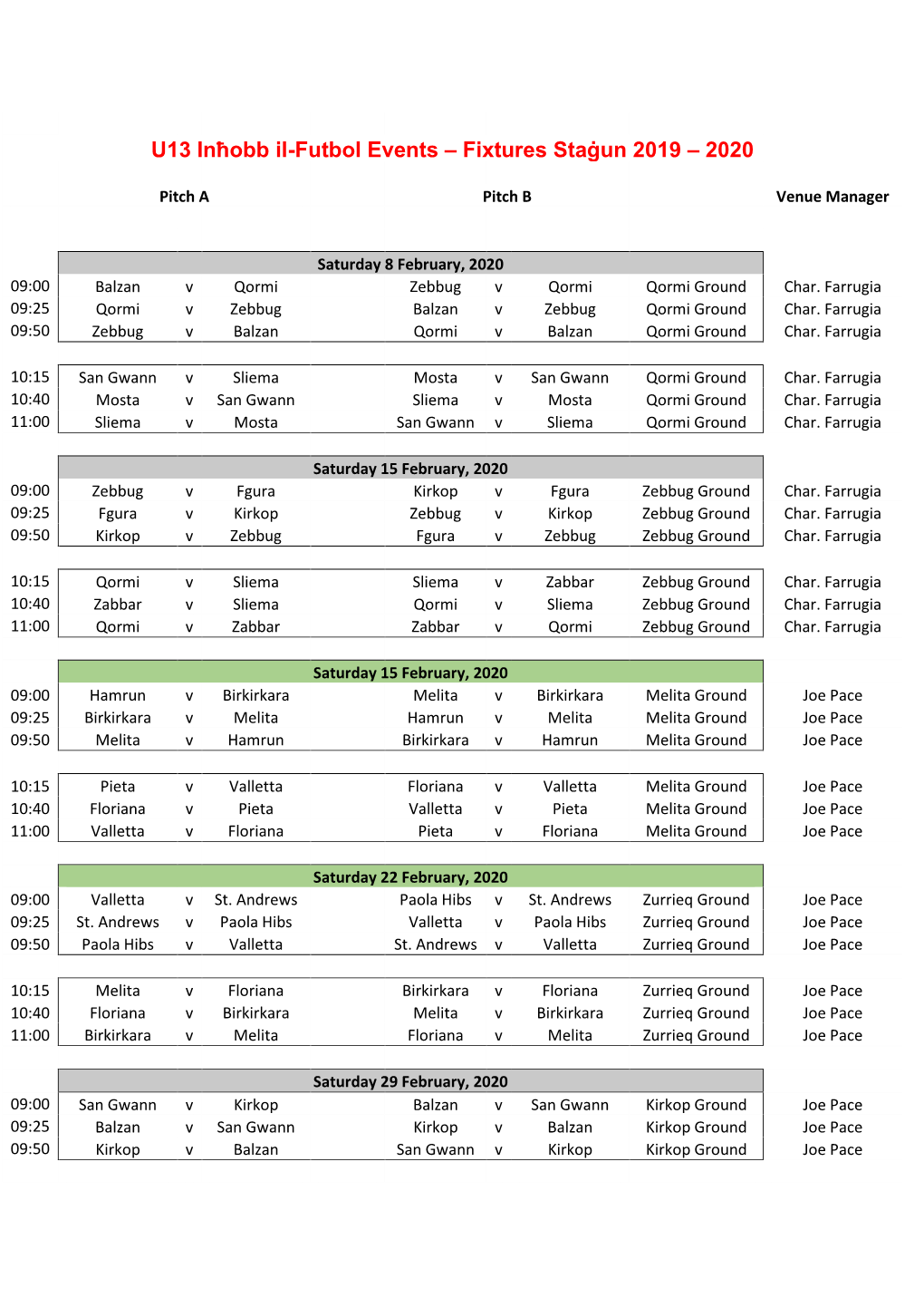 U13 Inħobb Il-Futbol Events – Fixtures Staġun 2019 – 2020