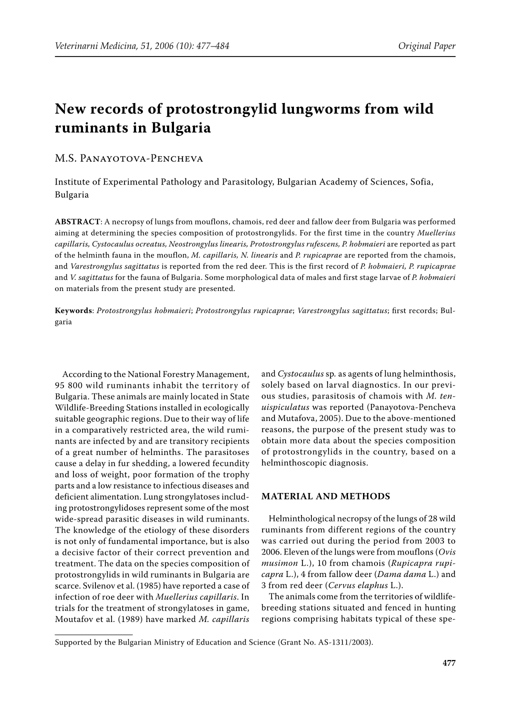 New Records of Protostrongylid Lungworms from Wild Ruminants in Bulgaria