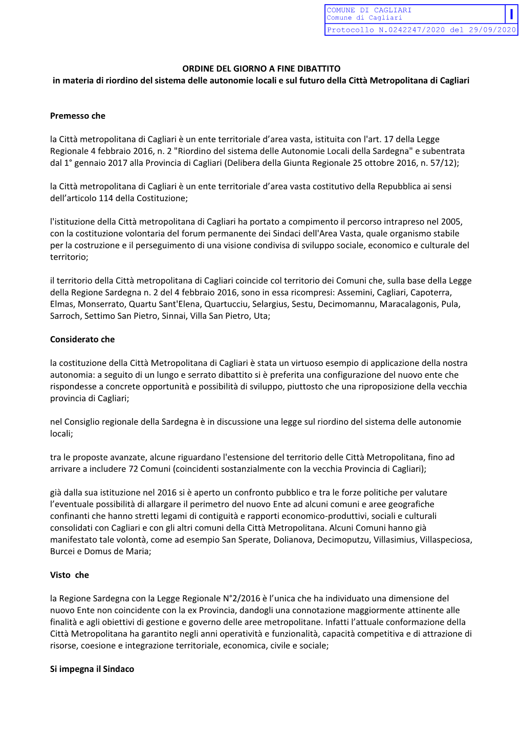 COMUNE DI CAGLIARI I Comune Di Cagliari Protocollo N.0242247/2020 Del 29/09/2020