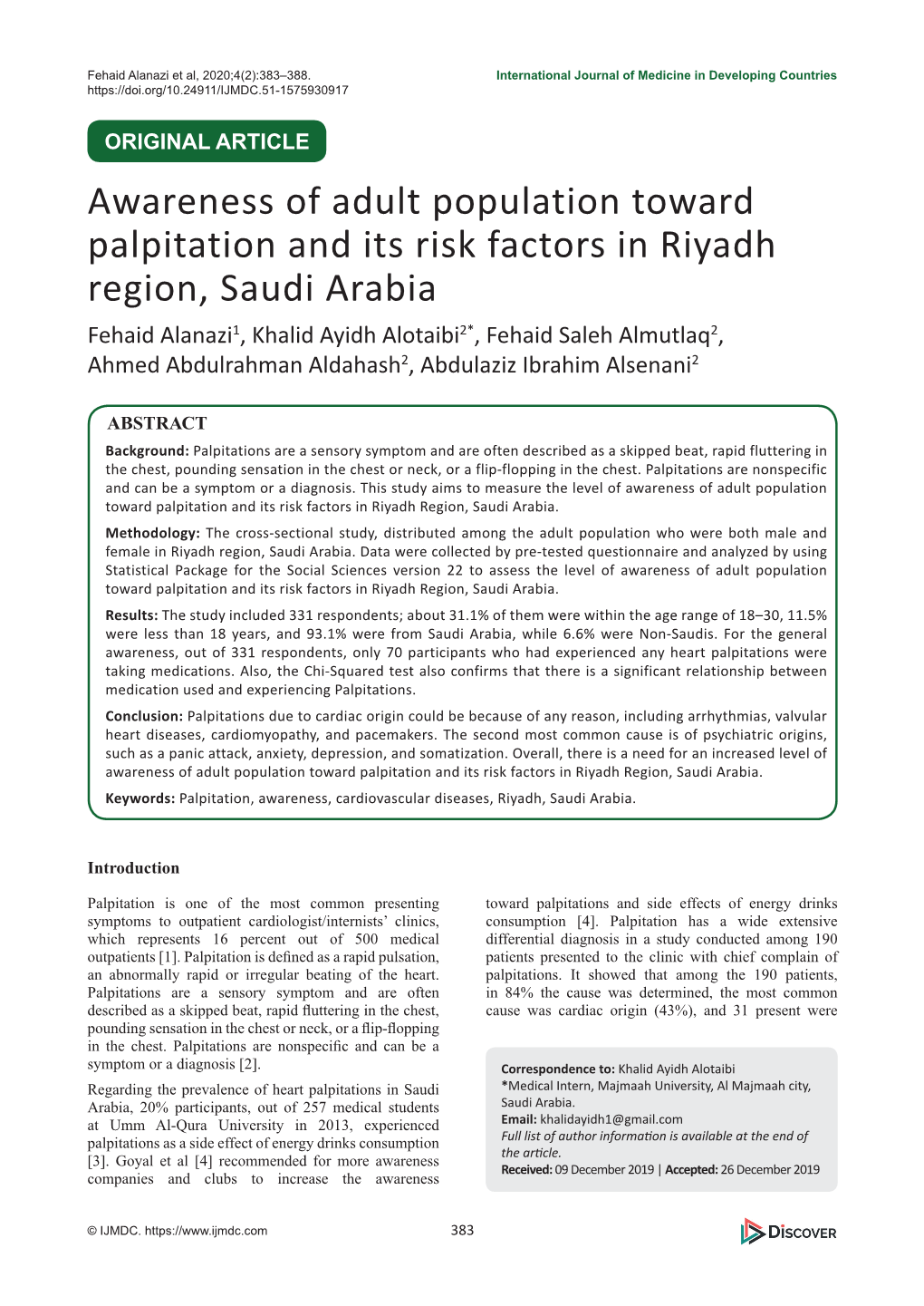 Awareness of Adult Population Toward Palpitation and Its Risk Factors In