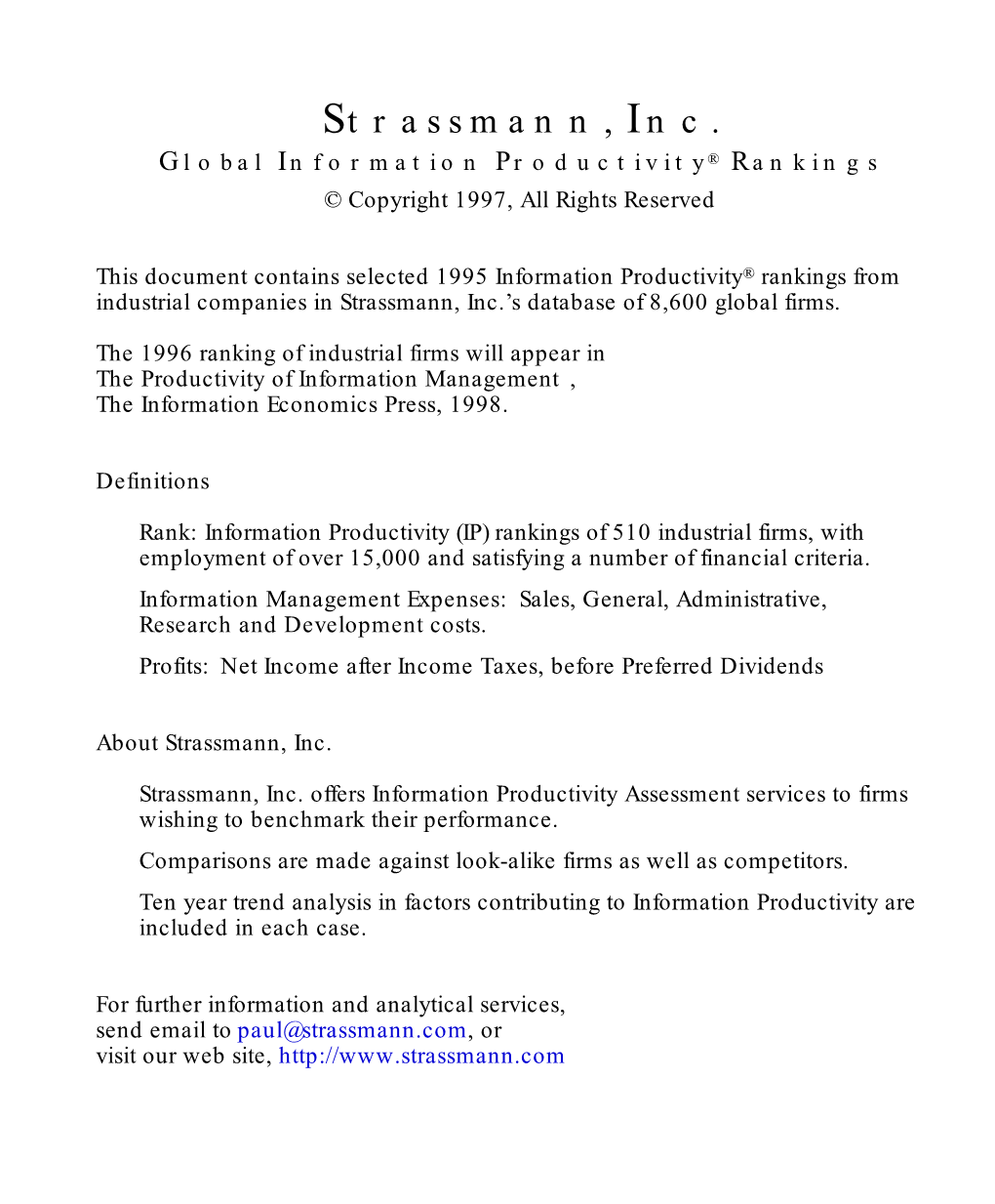 Strassmann, Inc. Global Information Productivity® Rankings © Copyright 1997, All Rights Reserved