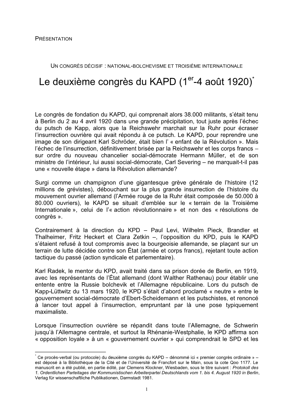 Le Deuxième Congrès Du KAPD (1 -4 Août 1920)*