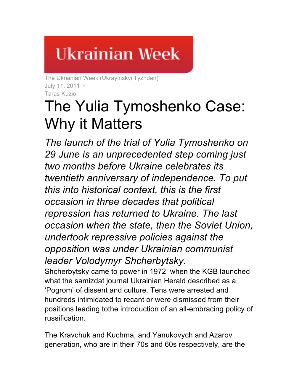 The Yulia Tymoshenko Case: Why It Matters
