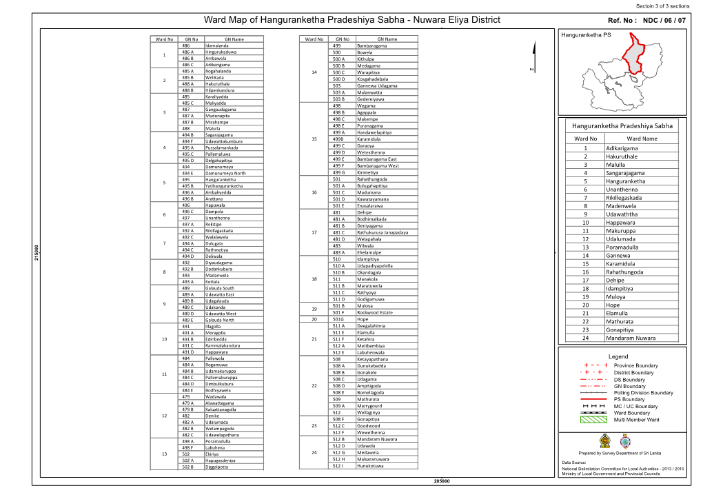 Ward Map of Hanguranketha Pradeshiya Sabha - Nuwara Eliya District Ref