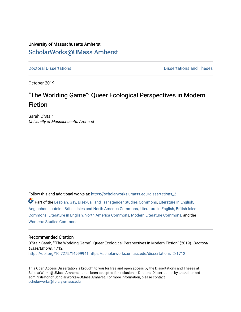 “The Worlding Game”: Queer Ecological Perspectives in Modern Fiction