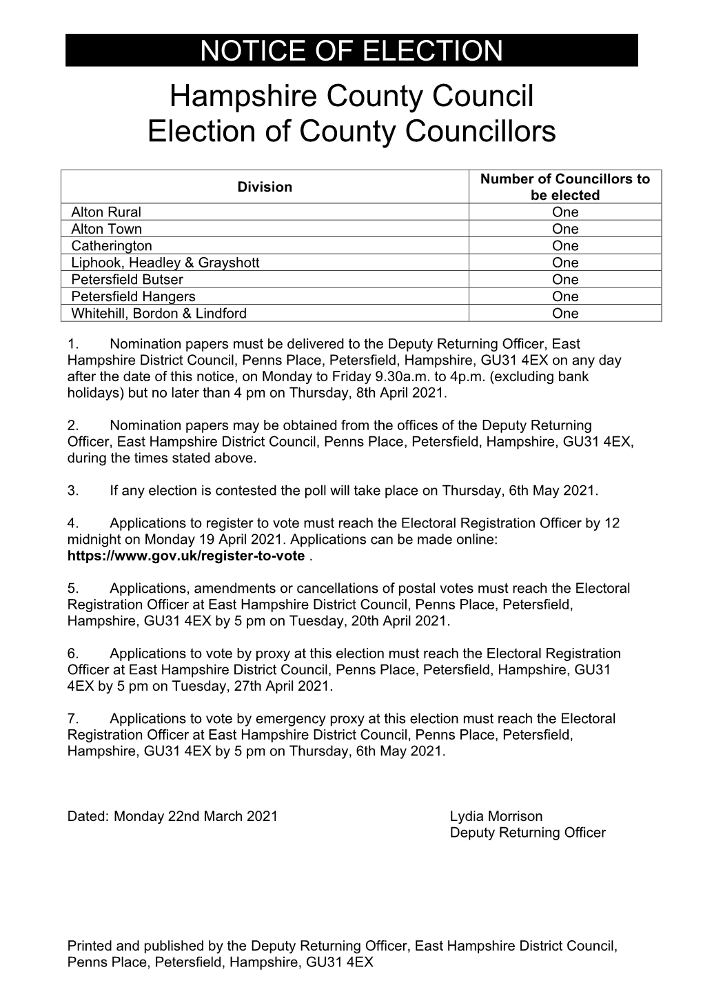 Hampshire County Council Election of County Councillors