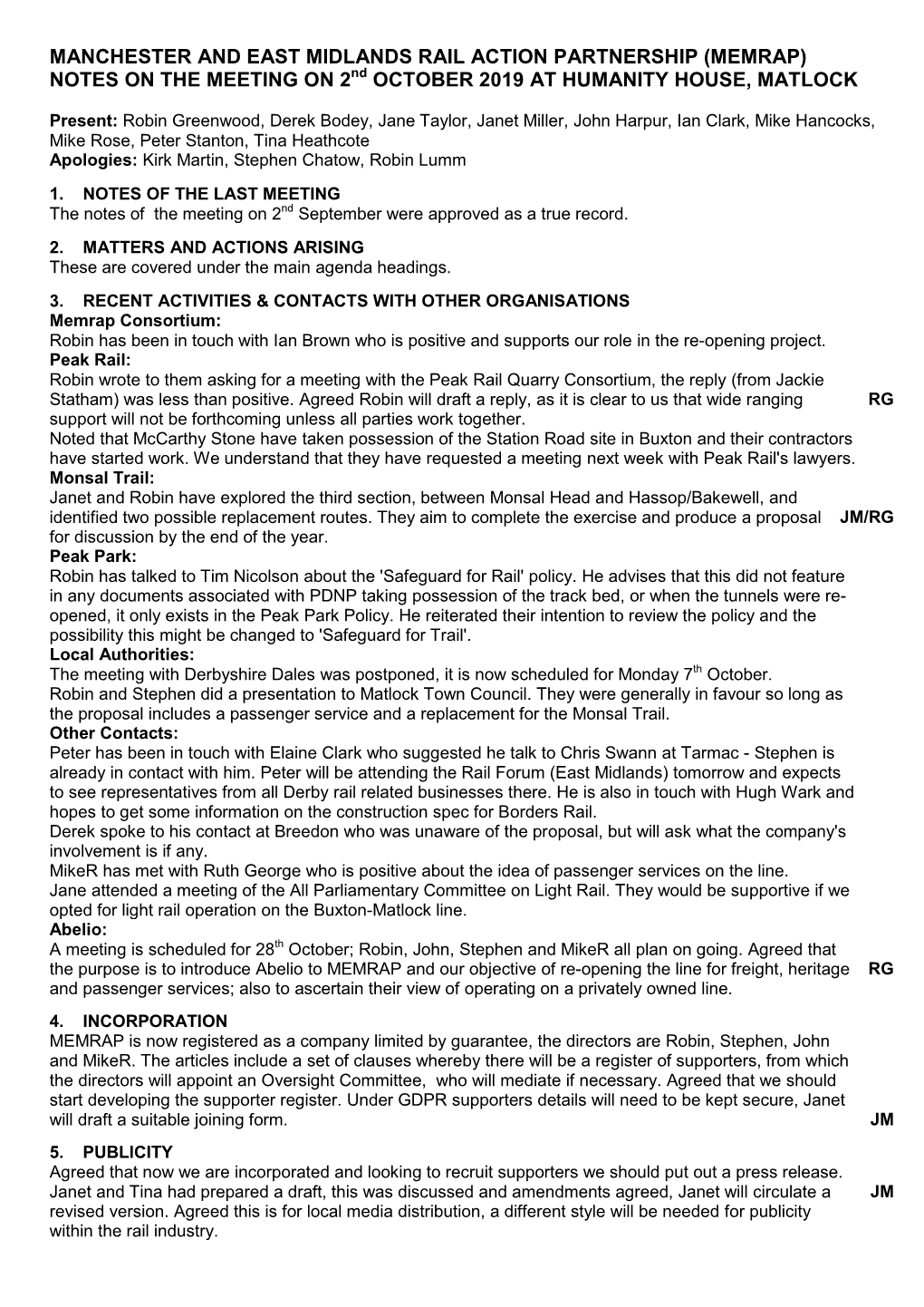 Manchester and East Midlands Rail Action Partnership (Memrap) Notes on the Meeting on 2 October 2019 at Humanity House, Matlock