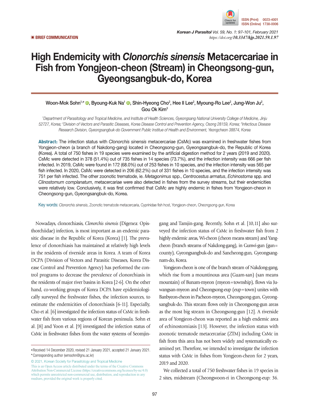 High Endemicity with Clonorchis Sinensis Metacercariae in Fish from Yongjeon-Cheon (Stream) in Cheongsong-Gun, Gyeongsangbuk-Do, Korea